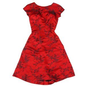 Vintage 60's Hong Kong Red Chinese Floral Fitted Darted Swing Dresss size XS /78